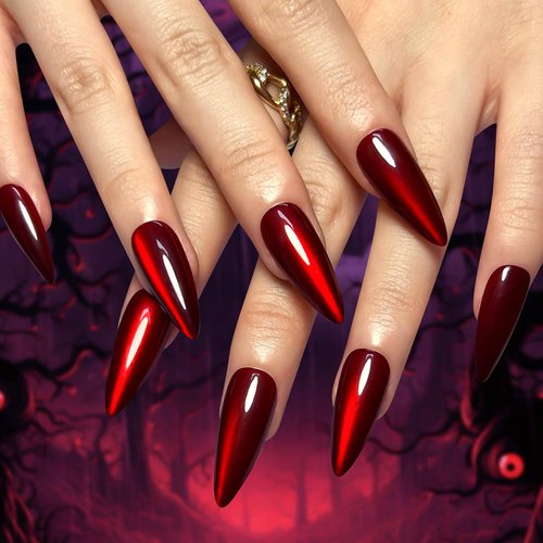 RUOKEXIN 30Pcs Halloween Press on Nails Red Long Stiletto Fake Nails Solid Color False Nails with Designs Red Cat's Eye Nail Press ons Mirror Artificial Nails Holiday Stick on Nails for Women