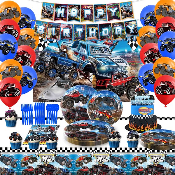 Heidaman 104Pcs Monster Truck Decorations，Monster Truck Birthday Party Supplies，Monster Truck Party decorations，Include Balloons,Backdrop,Banner, Cake Toppers，Tableware, Tablecloth