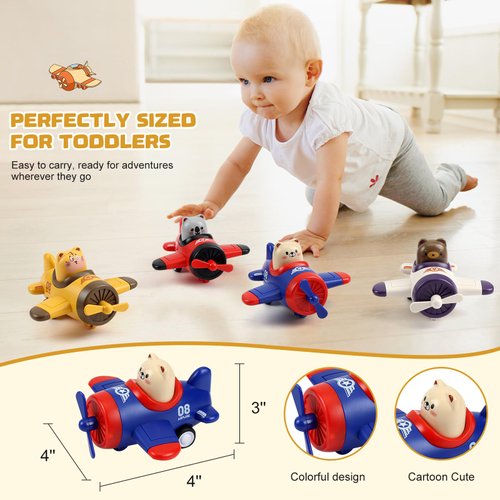 Lilycass 4 Pack Press and Go Toddler Car Toys Cute Animal Airplane Toy Cars Set First Birthday Gifts Boy Girl