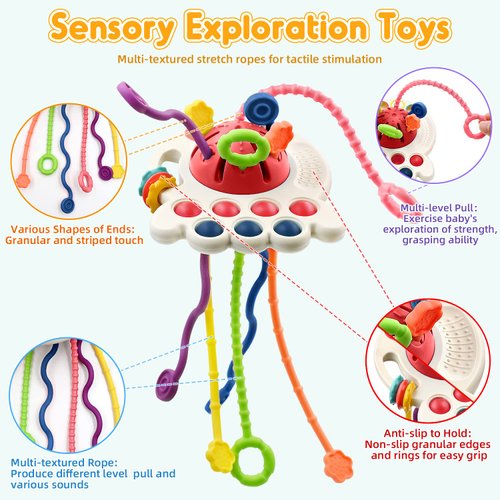 AiTuiTui Sensory Montessori Baby Teething Toys, Toddler Travel Toys for 1 2 Year Old Boy Girl Birthday Gifts, Soft Pull String Fidget Educational Learning Toys for 9 10 18 Months Infant, Random Color