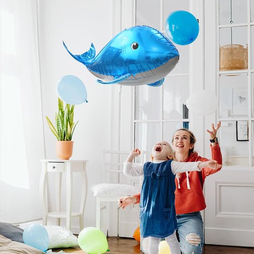 Cute 4D Whale Balloons Under The Sea Decorations Ocean Balloons, 4 Pack Gaint 37'' Whale Shape Mylar Foil Balloons Sea Animal Balloons Fish Balloons Beach Party Supplies, Blue