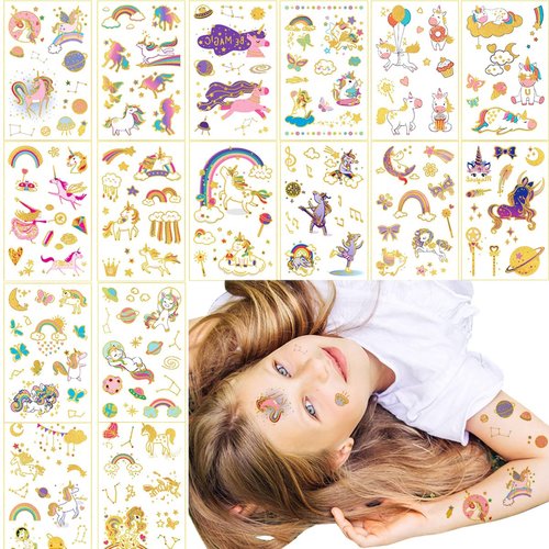 Aniuvot Glitter Temporary Tattoos for Girls Boys Kids Birthday Party Favor Supplies 16 Sheets, Children Gold Metallic Body Decoration Stickers - Rainbow, Butterflies, Space Styles