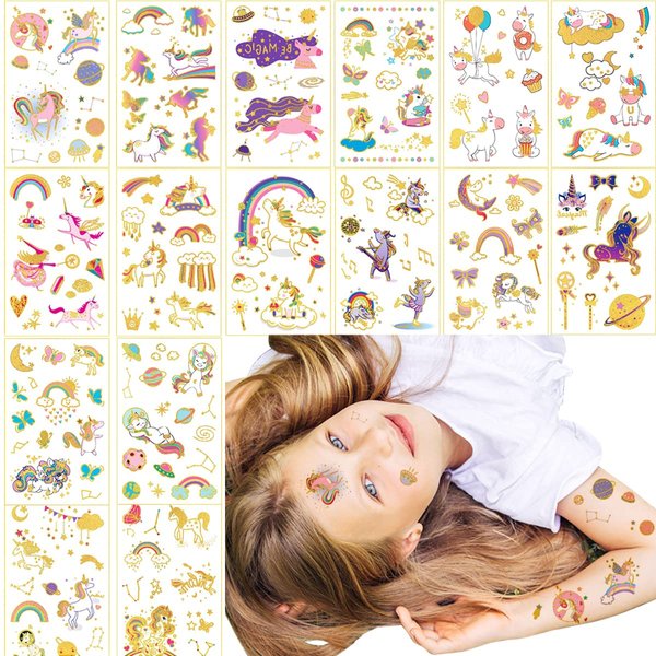 Aniuvot Glitter Temporary Tattoos for Girls Boys Kids Birthday Party Favor Supplies 16 Sheets, Children Gold Metallic Body Decoration Stickers - Rainbow, Butterflies, Space Styles