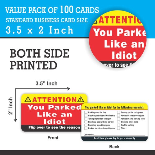 PARTH iMPEX You Parked Like an Idiot Business Cards (Pack of 100) Bad Parking Cards 3.5"x2" Multi Reasons Violation Stocking Stuffers for Adults