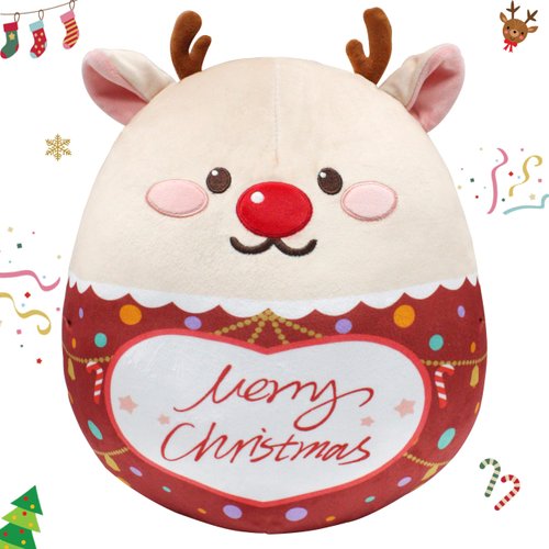 Jrystar 14’’ Christmas Reindeer Plush Pillow Toy Soft Elk Stuffed Animal Hugging Throw Pillow Home Party Decorations for Kids Adults