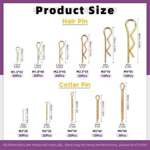 Swpeet 208Pcs Multiple Sizes Colored Zinc Plated Stainless Steel Cotter Pin and Hair Pin Assortment Kit, Straight Pins R Pins R Shape Clips Hitch Pin Holds Pins Fastener Clips Fitting for Lock System