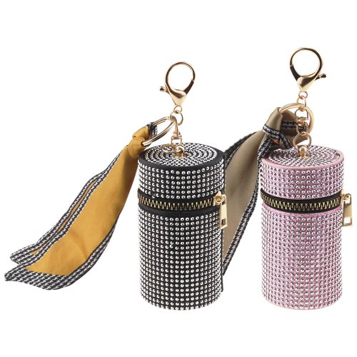 SING F LTD 2pcs Lipstick Case Keychain Leather Diamond Lip Gloss Bag with Keychain Wallet Perfume Nail Polish Lipstick Storage Box, Black, Pink