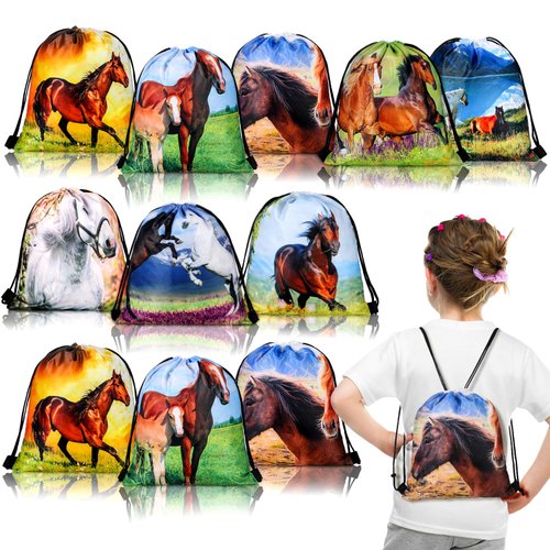 Saintrygo 16 Pcs Horse Themed Party Supplies Horse Birthday Favor Bags Horse Drawstring Bag Goodie Candy Bags