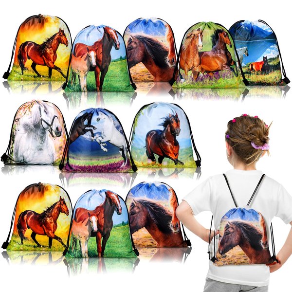 Saintrygo 16 Pcs Horse Themed Party Supplies Horse Birthday Favor Bags Horse Drawstring Bag Goodie Candy Bags