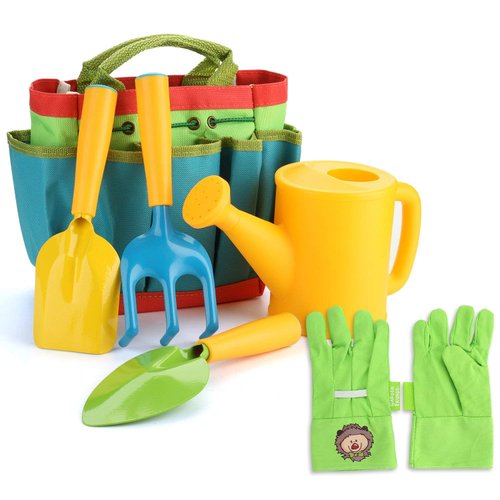 FITNATE Green Kids Garden Tools Set,6 PCS Garden Tools Including Watering Can, Shovel, Rake, Fork, Children Gardening Gloves and Garden Tote Bag, All in One Set