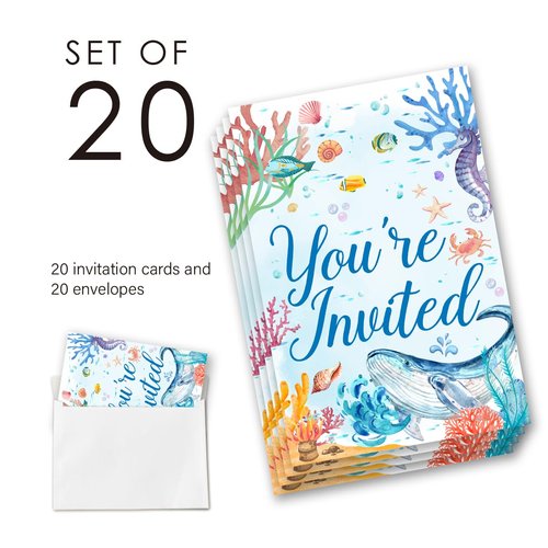 EUDOSI Under the Sea Birthday Party Invitations Supplies Fill-In Set of 20 with Envelopes Whale Crab Sea Life Birthday Party Invites Cards, Double Sided