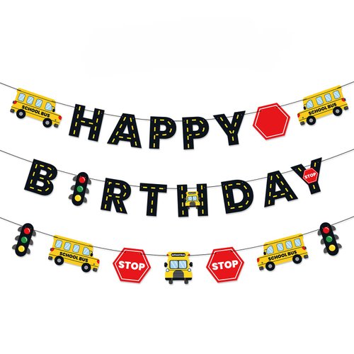 School Bus Happy Birthday Banner Wheels on the Bus Bday Party Garland for Kids Yellow Bus Birthda...