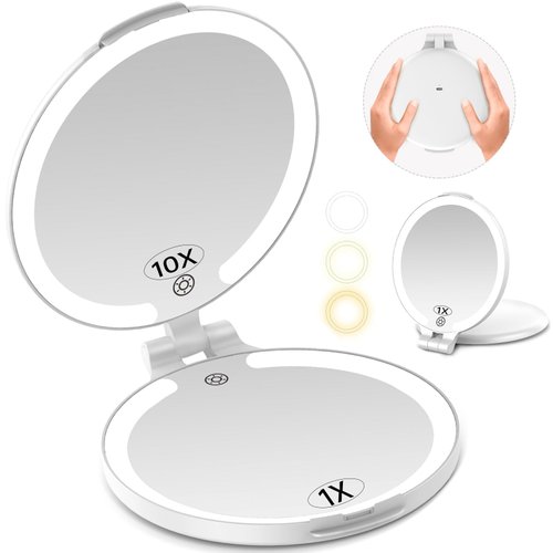 FUNTOUCH 7'' Travel Makeup Mirror with Lights 10X Magnifying, 3 Color Portable Double Side Vanity Mirror with Rechargeable for Travel Essential, Gifts for Women