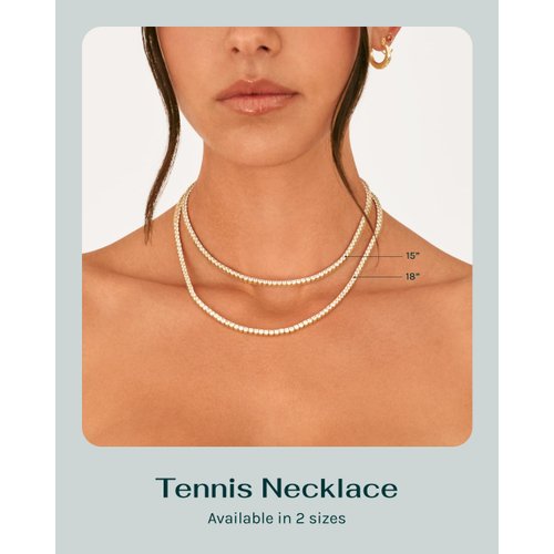 PAVOI Rhodium Plated 3mm Simulated Diamond Tennis Necklace for Women | Tennis Chain | Chunky Long Gold Necklace for Women| Size 15"