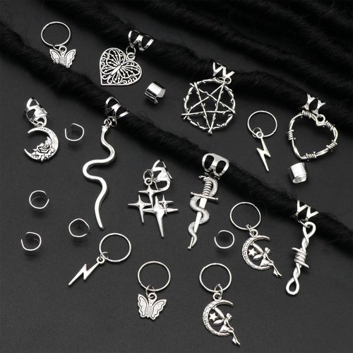 NAISKA 21PCS Silver Loc Jewelry - Butterfly Hair Clips, Dreadlock Accessories, Heart Shape Design Charms, Adjustable Cuffs, Rings, Multi Style Decoration for Halloween