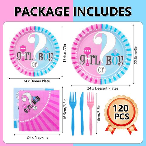 120 Pcs Gender Reveal Birthday Paper Plates Napkins, Gender Reveal Party Supplies Tableware Set for 24 Guests, Gender Reveal Themed Birthday Party Decorations for Kids Boys Girls Baby Shower