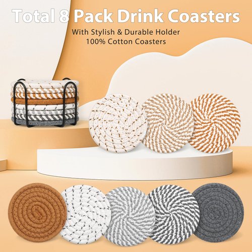 Mckanti 8 Style Drink Coasters with Holder, Absorbent Coasters for Coffee Table, Minimalist Cotton Woven Coaster Set for Home Decor Tabletop Protection Suitable for Kinds of Cups, 4.3 Inches.