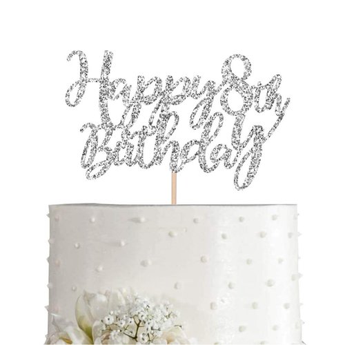 8 Silver Glitter Happy 8th Birthday Cake Topper, Birthday Party Decorations, Supplies, cake topper