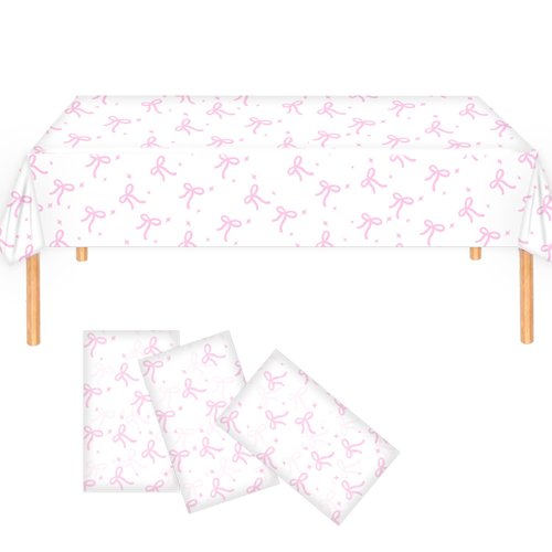 3 Pack Coquette Pink Bow Tablecloth Coquette Birthday Decorations Plastic Pink Bow Theme Party Table Cover for Girl Birthday Bachelorette Bridal Engagement Wedding Sweet Baby Shower Party Supplies