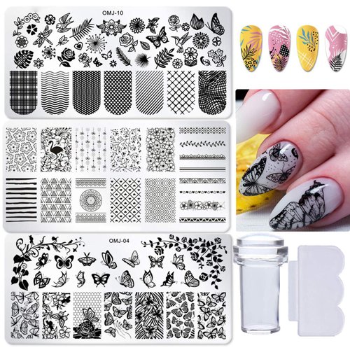 3pcs Nail Stamper Plate Kit Butterfly Leaves Image Nail Stamping Template with Clear Stamp and Sc...