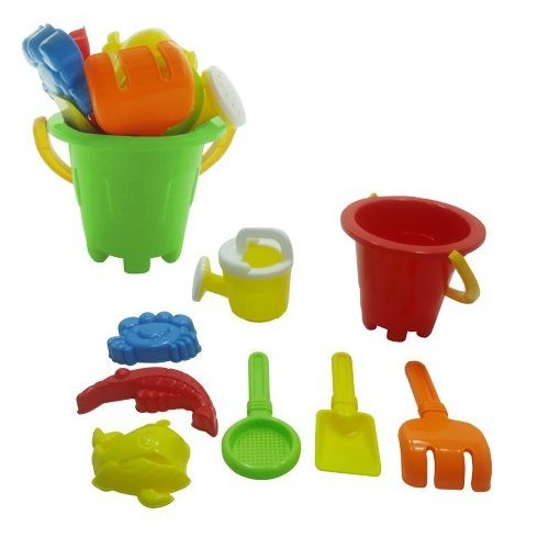 6 Piece Kid's Mini Beach Sandbox Tool Play Set, Watering Bucket, Hand Tools, Sand Molds (Colors May Vary)