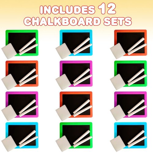 ArtCreativity Neon Chalkboard Set for Kids - 12 Kits - 1 Mini Chalk Board, 2 Chalk Sticks, and 1 Eraser Per Kit - Art Birthday Party Favors for Boys and Girls, Unique Stationery Goodie Bag Fillers