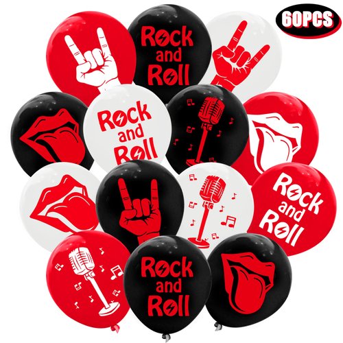 60PCS Rock and Roll Latex Balloons Decorations -80s 90s Party Supplies Musician Guitar Rap Birthday Baby Shower Party Favors