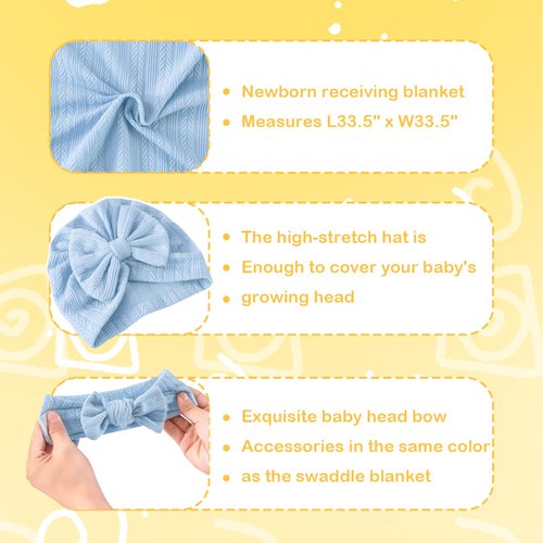 6 Pack 33.5" X 35.5" Baby Receiving Blanket with Matching Headband and Beanie Set Baby Swaddle Blankets for Newborn Boys Girls. (Coffee+Blue)