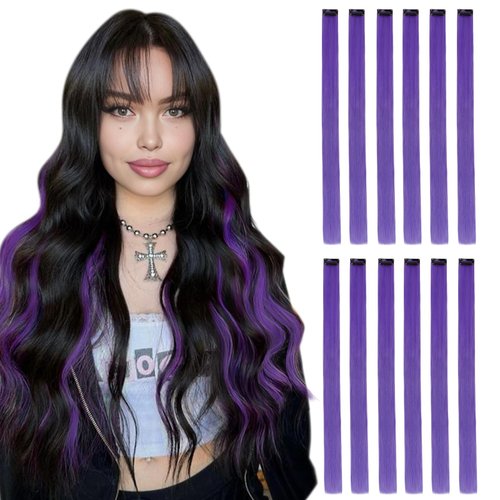 DOORES 12 Pcs Colored Hair Extensions, 22 Inch Deep Purple Clip in Hair Extensions Synthetic Hair Party Highlights Long Straight Fashion Scene Hair Extensions Gift for Women Kids Girls (DeepPurple)