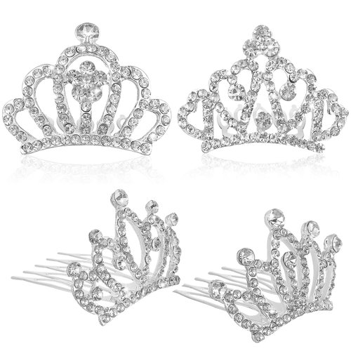 4pcs Cute Crown Mini Tiara Comb Rhinestone Small Tiara Princess Crown Hair Clips Tiara Comb Party Headdress Hair Side Combs for Birthday Baby Showen Christmas Dress up Props