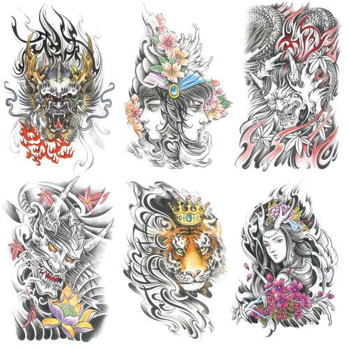 Oottati 6 Sheets Arm Waterproof Temporary Tattoos Dragon Prajna Crown Tiger Women Lotus Flower