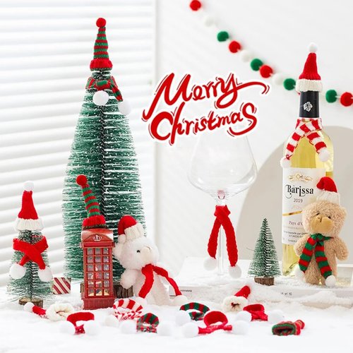 Mystella 12 Pcs Mini Christmas Hats and Scarves - Tiny Knitted Santa Hat and Scarf Set for Crafts, DIY Projects, Wine Bottle Decor, and Christmas Tree Ornaments