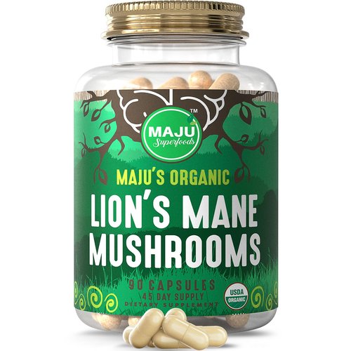 MAJU Organic Lions Mane Mushroom Capsules 90ct, Fruiting Bodies Steam Extract, Organic Mushrooms w/Black Pepper Extract, Hericium Erinaceus