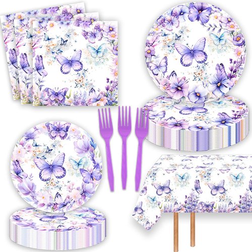 51 Pcs Butterfly Birthday Party Supplies Purple Butterfly Tablecloth Paper Plates Napkins Forks Dinnerware for Butterfly Girls Baby Shower 1st 2nd 3rd 4th Birthday Party Supplies Decorations