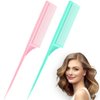 2 Pack Rat Tail Combs for Women Fine Tooth Comb Parting Tip Carbon Fiber Root Teasing Anti Static Heat Resistant Adding Volume Evening Hair Styling (Pink, Green)