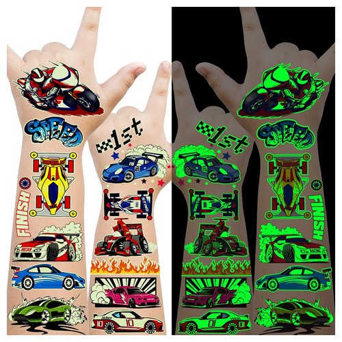 Cerlaza Luminous Cars Temporary Tattoos for Kids, 90 Styles Glow Cars Birthday Party Supplies Favors Decorations, Vehicle Fake Tattoo Stickers Games for Children Toddlers
