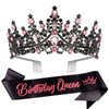 VELSCRUN Pink-Black Crystal Birthday Queen Tiara Crown for Women Girls Birthday Queen Headband Sash Elegant Princess Crown with Combs Mom Birthday Hair Accessories Happy Birthday Party Decorations