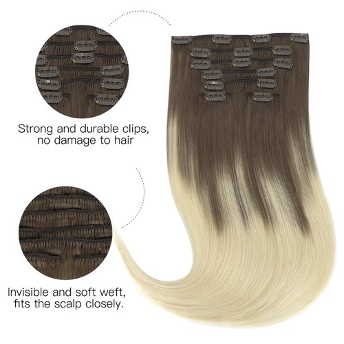 HOTBANANA Human Hair Clip in Hair Extensions, Ombre Sandy Brown to Platinum Blonde 120g Clip in Hair Extensions Real Human Hair Straight Remy Hair Clip in Hair Extensions 14 Inch 7pcs