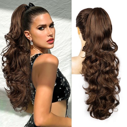 FREEMEIGE Ponytail Extension, 24" Claw Clip in Ponytail Extensions Layered Wavy Claw Clip Ponytail Hair Extensions Synthetic Fake Pony Tails Hair Extensions Hairpieces