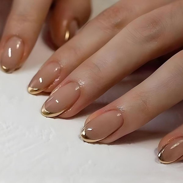 Gold French Tip Press on Nails Medium Fake Nails Almond Shape False Nail Tips Full Cover Glue on Nails with Gold French Design, Glossy French Tip Nails Press ons for Women Manicure Art, 24Pcs