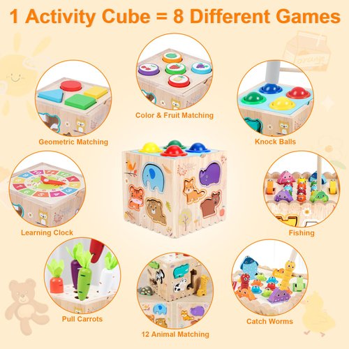 HOLAPUZZLE Baby Activity Cube 8-in-1 QIYI Wooden Montessori Toys for 3+ Year Old Multifunctional Educational Learning Sensory Toy, Sorting & Stacking Toys for 36M+ Toddlers Birthday Gifts for Kids