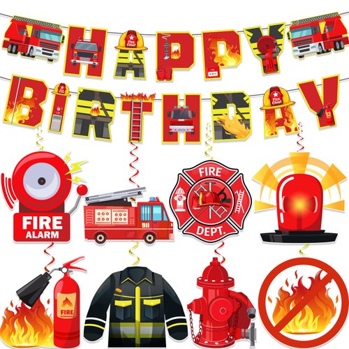Fire Truck Birthday Decorations, Firefighter Party Decorations includes Firetruck Birthday Decorations Banner and Fire Engine Rescue Hanging Swirls, Fireman Party Decorations for Fire Truck Party