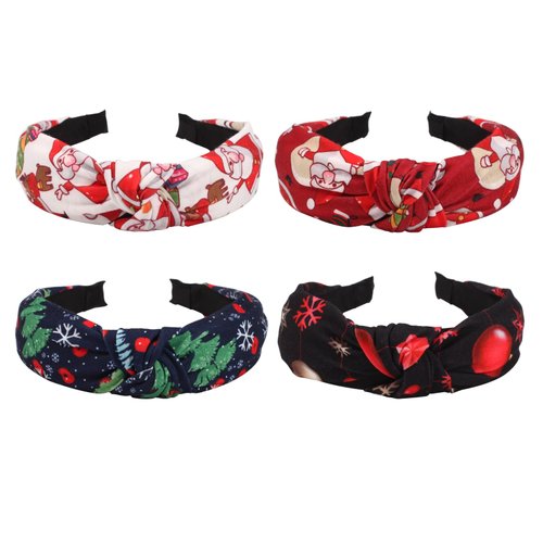 Twinfree 4pcs Christmas Cross Knotted Head Hoop Women's Wide Headbands Santa Claus Christmas Snowman Deer Tree Knotted Hair Band For Women And Girls, One Size