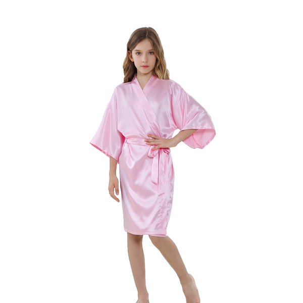 ALHAVONE Girl's Kid's Silky Satin Solid Color Short Kimono Robe for Wedding Birthday Party Spa (Pink, 14)