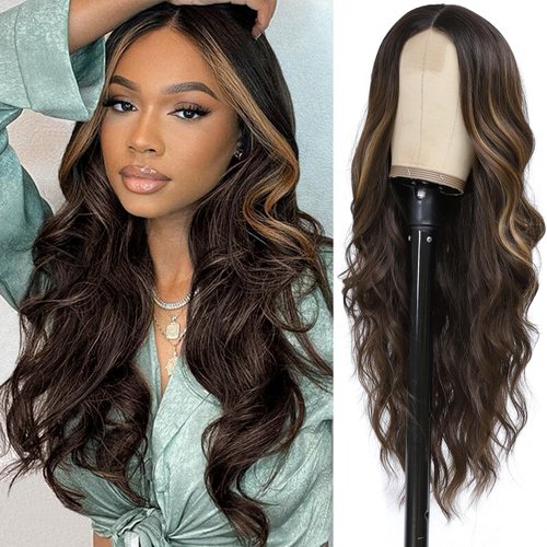Long Dark Brown Wigs 26 Inch Ombre Brown Mixed Blonde Highlight Wig for Women Long Curly Wavy Synthetic Heat Resistant Wigs for Daily Party Use