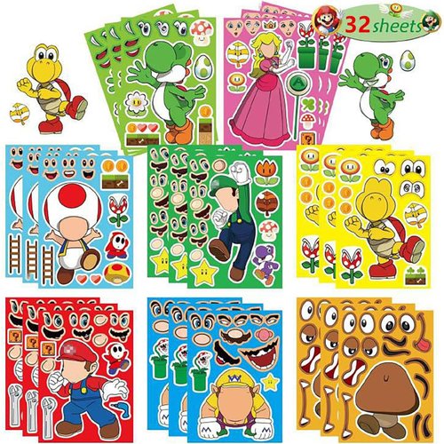 32Pcs Mario Make a Face Stickers, Cartoon Book Crafts for Kids, DIY Party Supplies Favors Your Own Mixed and Matched with Different Designs Characters Birthday Gifts Class Reward Decor