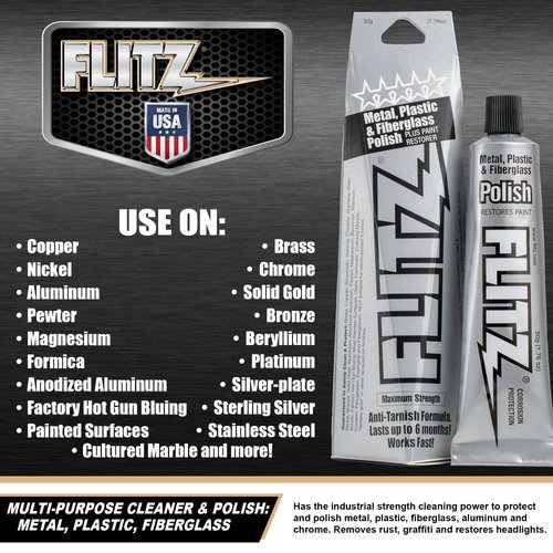 Flitz Metal Polish and Cleaner Paste, Also Works on Plastic, Fiberglass, Aluminum, Jewelry, Sterling Silver - Headlight Restoration and Rust Remover - Made in the USA - 1.76 OZ