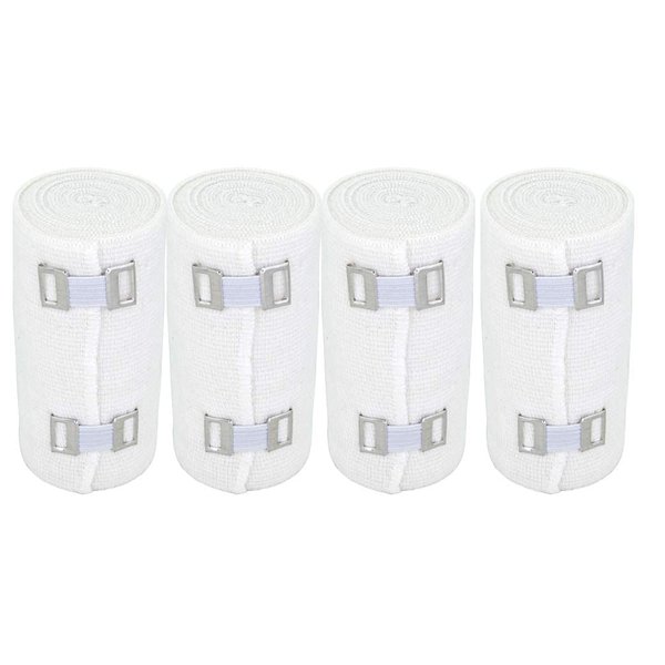 Premium Elastic Bandage Wrap (4" Wide, 4 Pack) - Made of USA Grown Organic Soft Woven Cotton - Metal Clip Fasteners - GT Latex Free Hypoallergenic Compression Roll for Sprains & Injuries