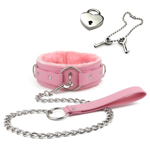 Blinan Pu leather choker collar with leash and Lock adjustable size for women pink