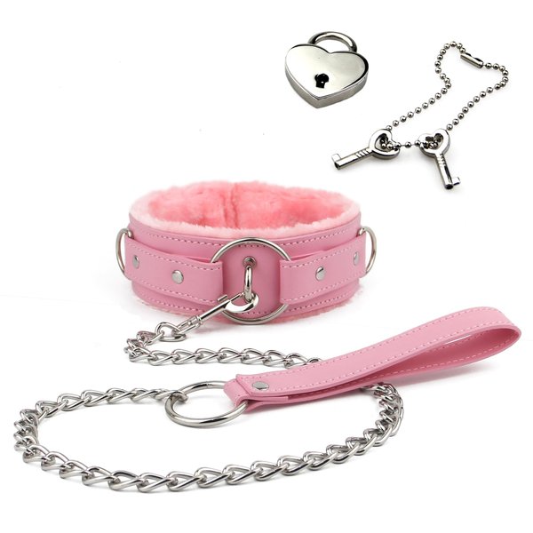 Blinan Pu leather choker collar with leash and Lock adjustable size for women pink